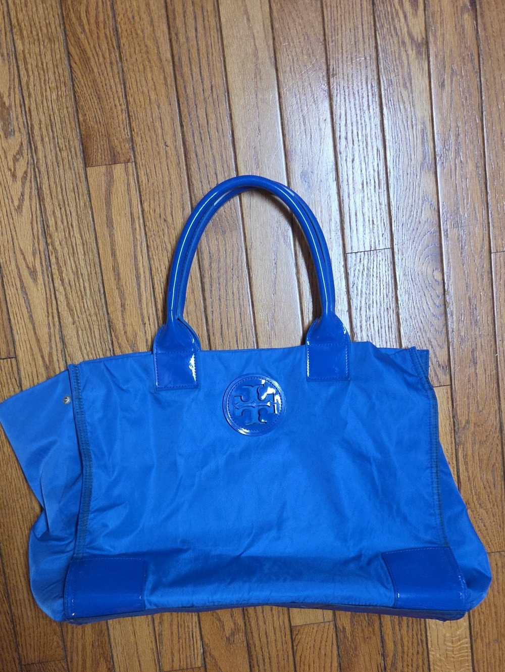 Tory Burch Ella Large Logo Blue Nylon Tote with Patent Trim